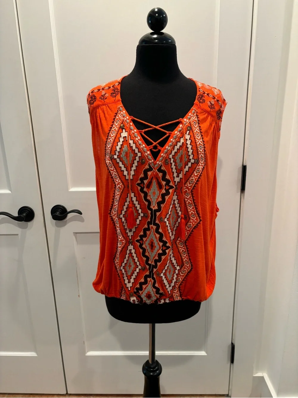 Free People Embroidered Bohemian Tassel Sleeveless Top Open Back Orange Women M